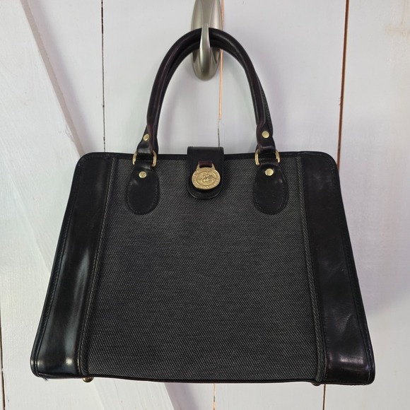 BRAHMIN Addison Chocolate Twill & Brown Leather Satchel Top Handle Bag Vintage - Picture 2 of 16